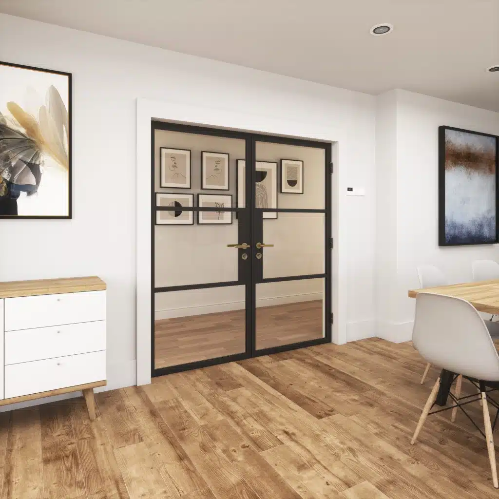Modern home with internal glass partitions from the dining room into the corridor.