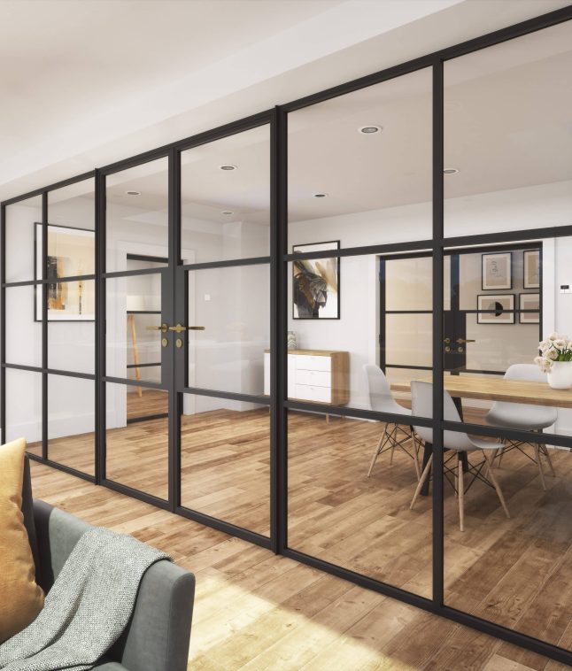 Modern dining room with glass partition walls