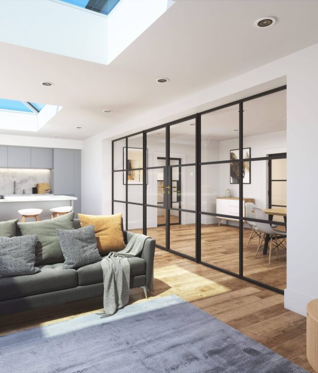 Roof lights shining into living room with glass partition into the dining room